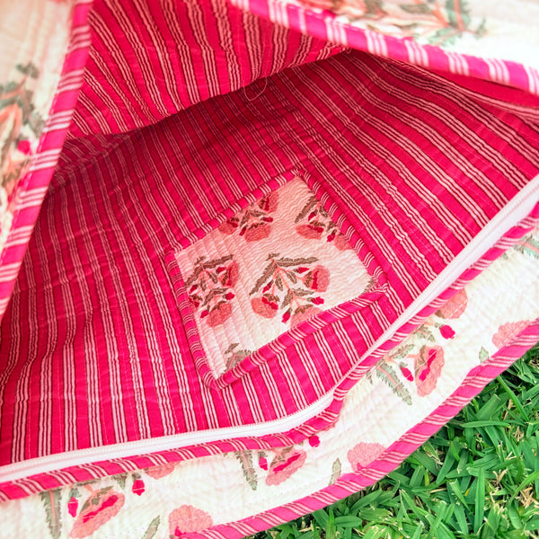 Blush Bloom Handmade Quilted Tote Bag | Floral Cotton Shopper Bag | Indian Block Print