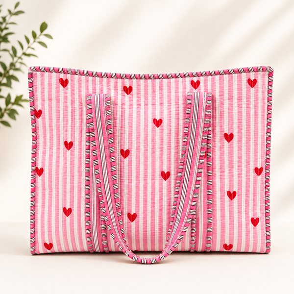 Sweetheart Handmade Quilted Tote Bag | Pink Heart Cotton Shopper Bag | Everyday Tote