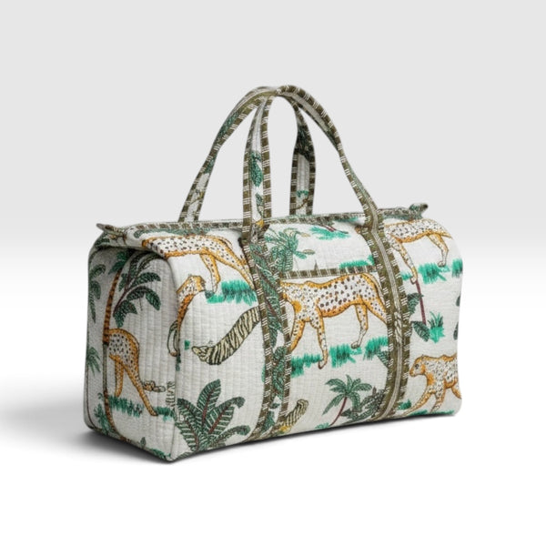 Handmade Quilted Indian Block Print Duffel Bag | Cotton Weekender Travel Bag | Safari Print