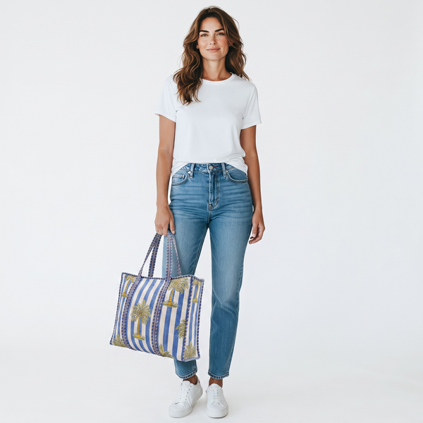 Coastal Palm Handmade Quilted Tote Bag | Blue Cotton Shopper Bag | Indian Block Print