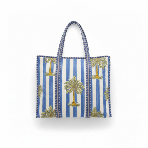 Coastal Palm Handmade Quilted Tote Bag | Blue Cotton Shopper Bag | Indian Block Print