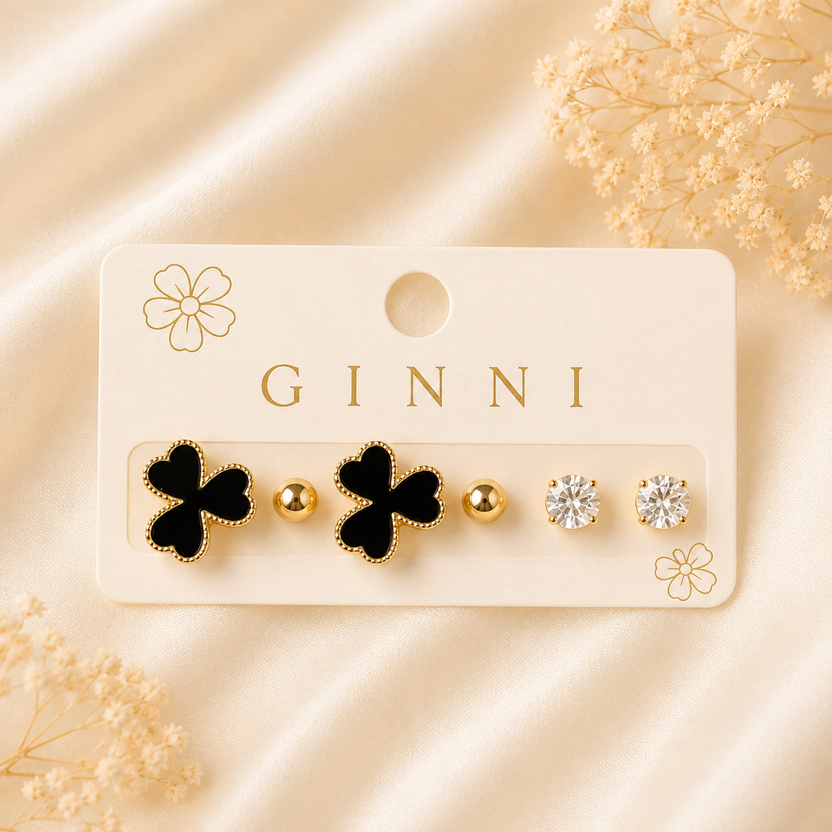 3 Pair Clover & Crystal Stud Earring Set