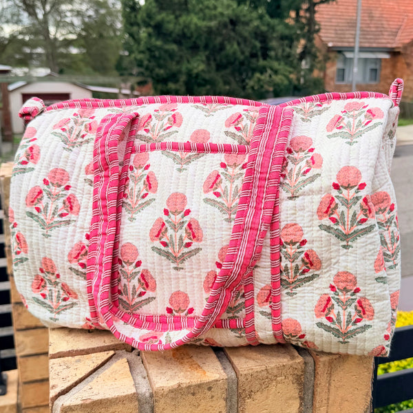 Blush Bloom Handmade Quilted Duffel Bag | Floral Cotton Weekender Travel Bag | Indian Block Print