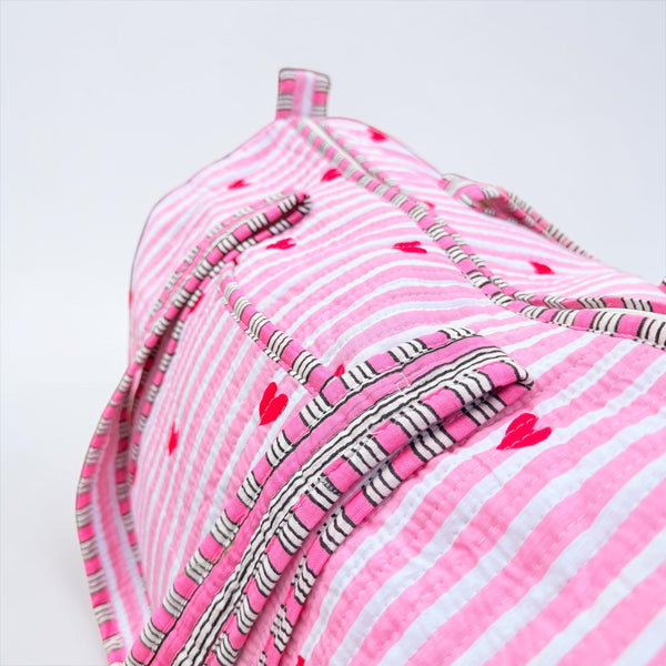 Pink Hearts Handmade Quilted Duffel Bag | Cotton Weekender Travel Bag | Indian Block Print