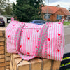Pink Hearts Handmade Quilted Duffel Bag | Cotton Weekender Travel Bag | Indian Block Print
