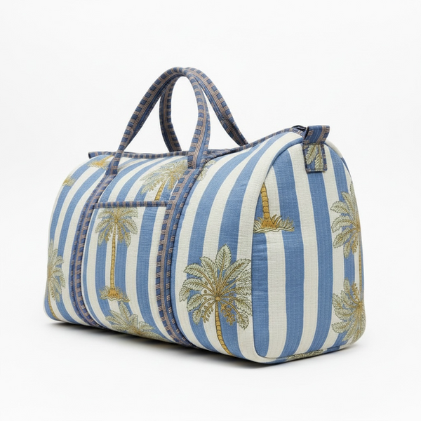 Coastal Palm Handmade Quilted Duffel Bag | Cotton Weekender Travel Bag | Indian Block Print
