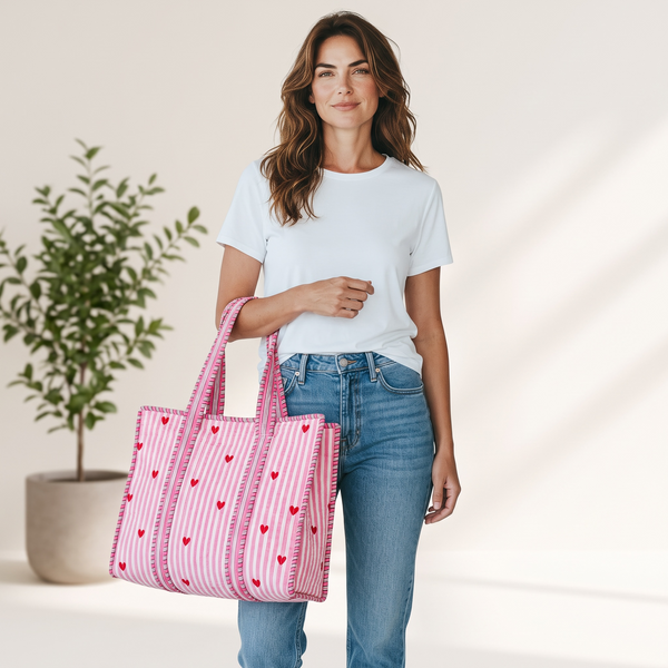 Sweetheart Handmade Quilted Tote Bag | Pink Heart Cotton Shopper Bag | Everyday Tote