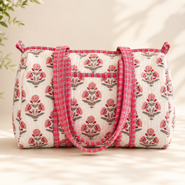 Blush Bloom Handmade Quilted Duffel Bag | Floral Cotton Weekender Travel Bag | Indian Block Print