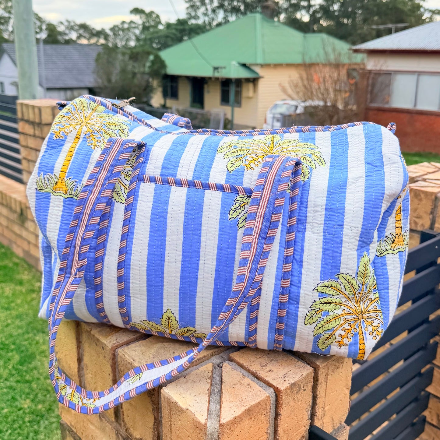Coastal Palm Handmade Quilted Duffel Bag | Cotton Weekender Travel Bag | Indian Block Print