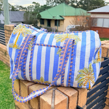Coastal Palm Handmade Quilted Duffel Bag | Cotton Weekender Travel Bag | Indian Block Print