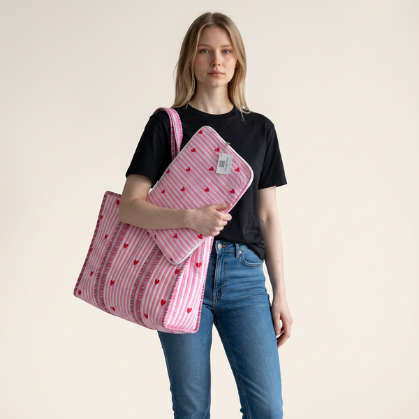 Sweetheart Quilted Laptop Sleeve | Pink Heart Cotton Laptop Case | Handmade Laptop Cover 15 Inch