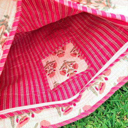 Blush Bloom Handmade Quilted Tote Bag | Floral Cotton Shopper Bag | Indian Block Print