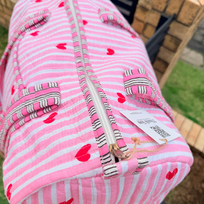 Pink Hearts Handmade Quilted Duffel Bag | Cotton Weekender Travel Bag | Indian Block Print