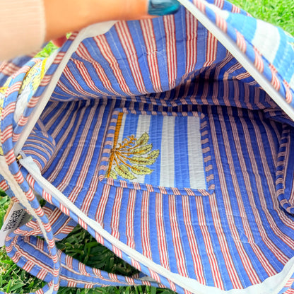 Coastal Palm Handmade Quilted Duffel Bag | Cotton Weekender Travel Bag | Indian Block Print