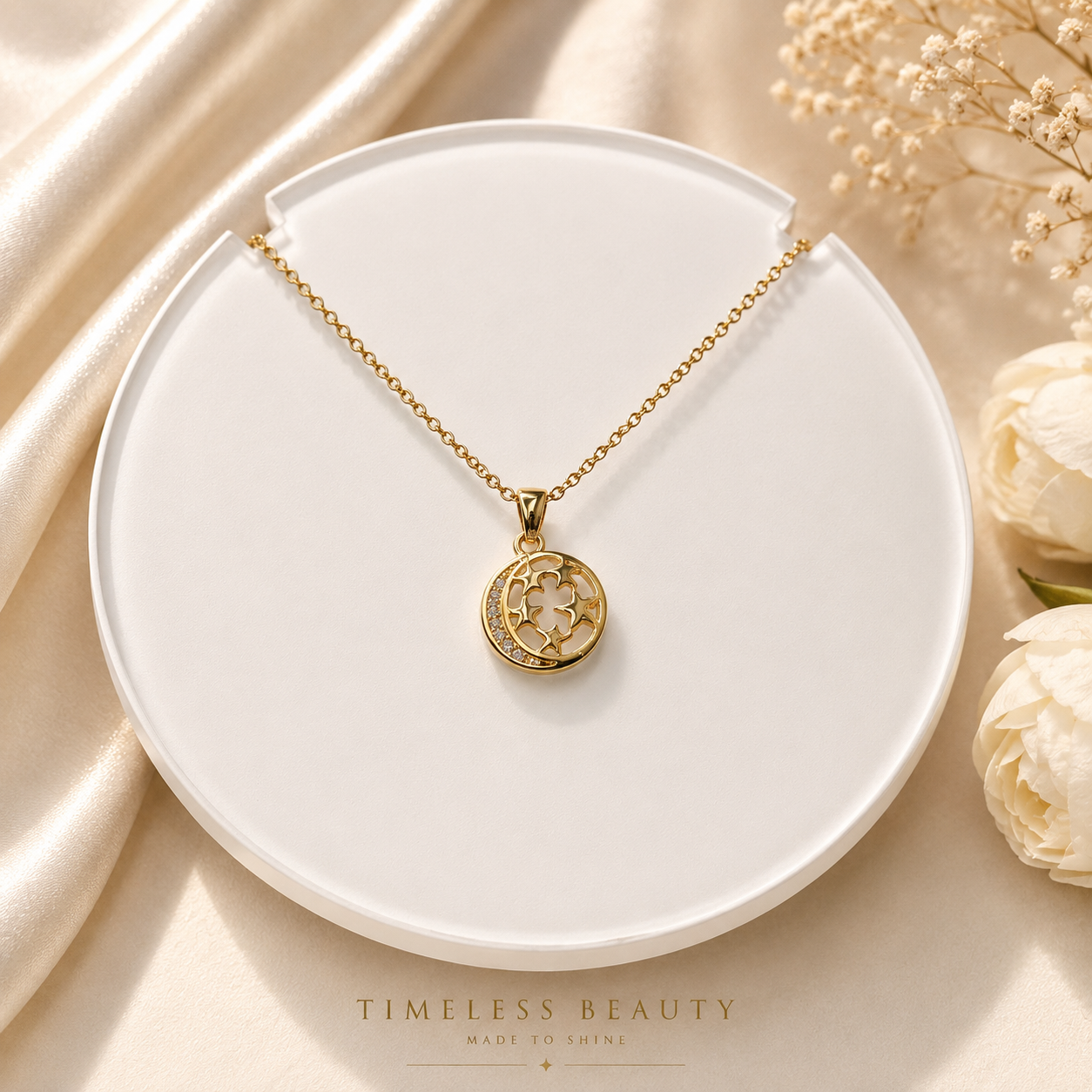 Celestial Moon & Star Necklace – Gold Crystal Pendant