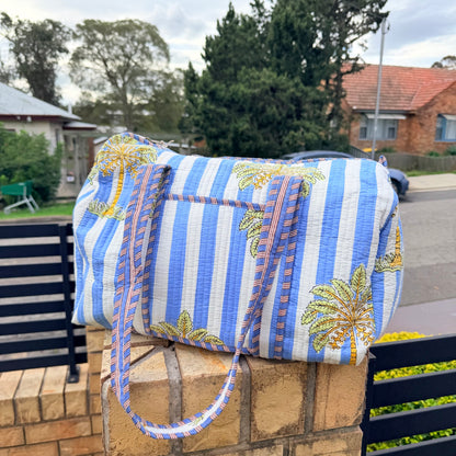 Coastal Palm Handmade Quilted Duffel Bag | Cotton Weekender Travel Bag | Indian Block Print