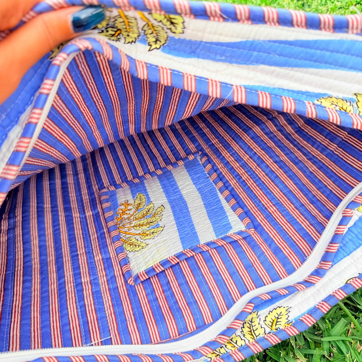 Coastal Palm Handmade Quilted Tote Bag | Blue Cotton Shopper Bag | Indian Block Print