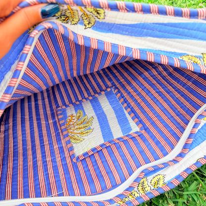 Coastal Palm Handmade Quilted Tote Bag | Blue Cotton Shopper Bag | Indian Block Print