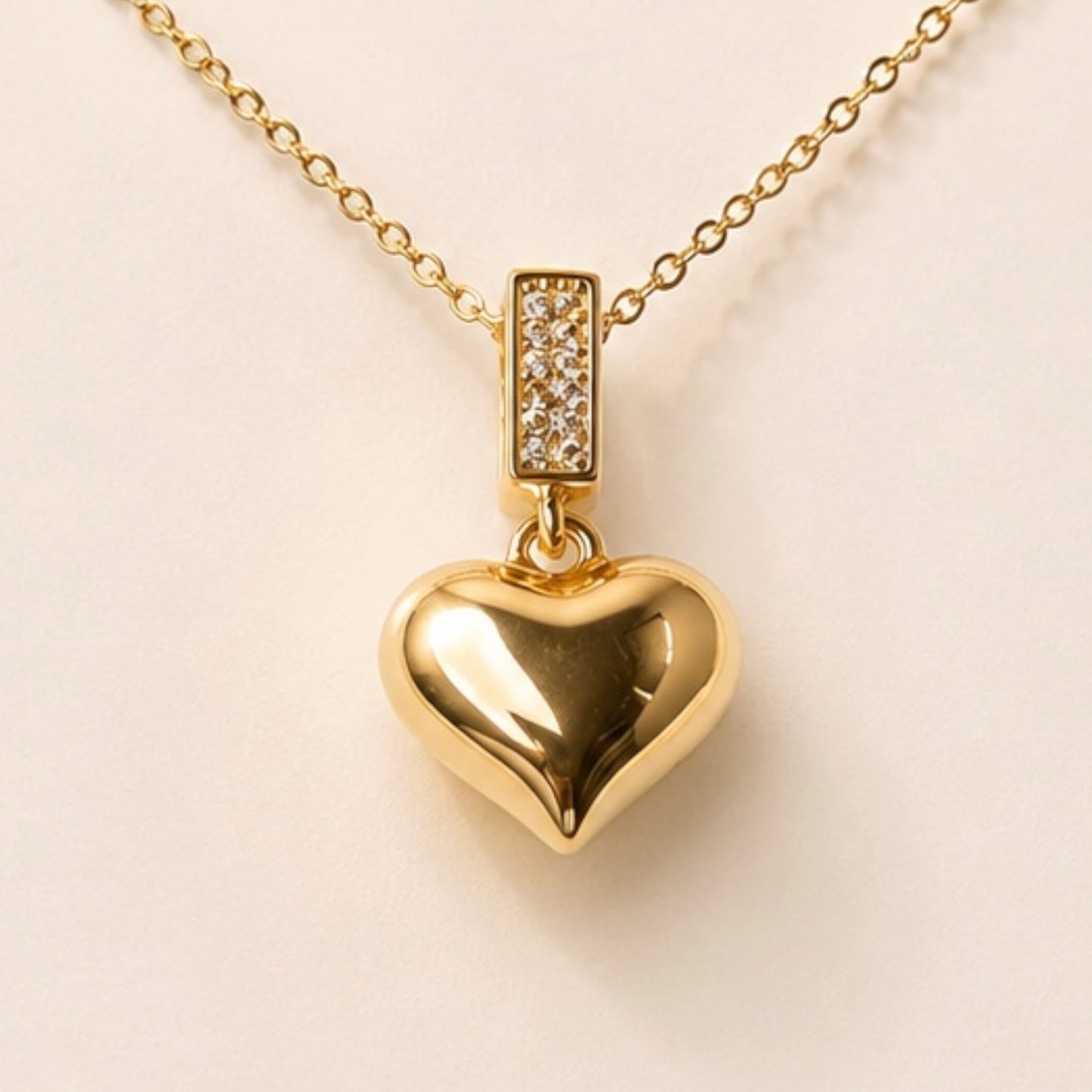 Luna Puffed Heart Necklace – Gold Crystal Charm