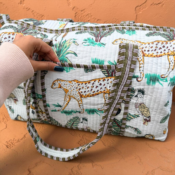 Handmade Quilted Indian Block Print Duffel Bag | Cotton Weekender Travel Bag | Safari Print