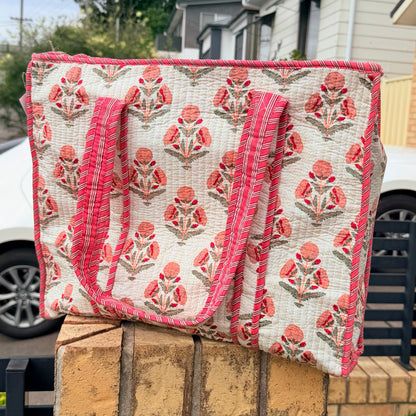 Blush Bloom Handmade Quilted Tote Bag | Floral Cotton Shopper Bag | Indian Block Print