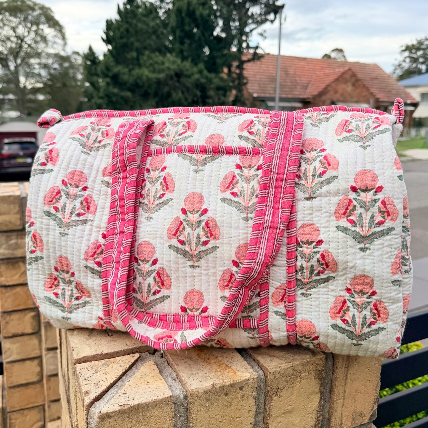 Blush Bloom Handmade Quilted Duffel Bag | Floral Cotton Weekender Travel Bag | Indian Block Print