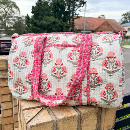 Blush Bloom Handmade Quilted Duffel Bag | Floral Cotton Weekender Travel Bag | Indian Block Print