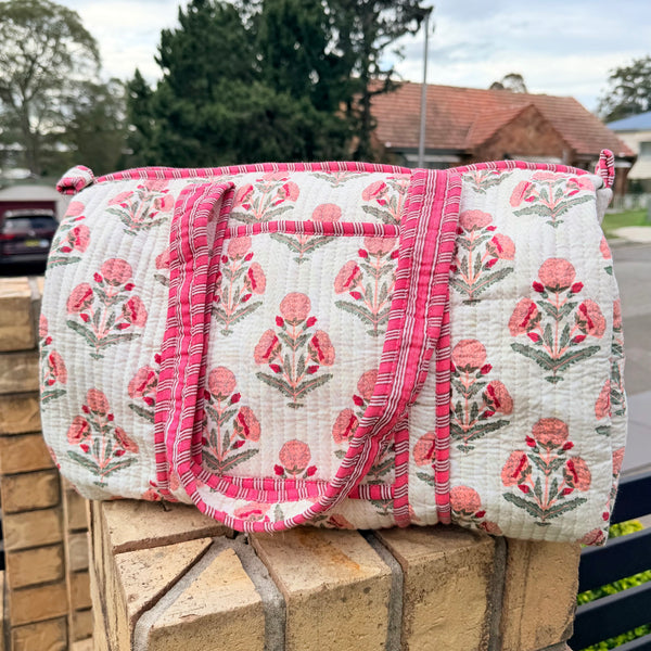 Blush Bloom Handmade Quilted Duffel Bag | Floral Cotton Weekender Travel Bag | Indian Block Print