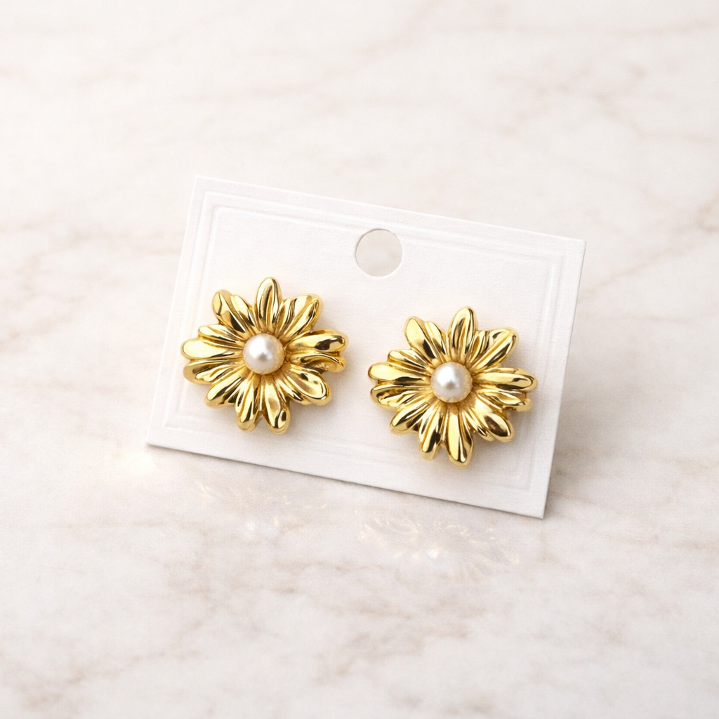 Golden Daisy Pearl Studs