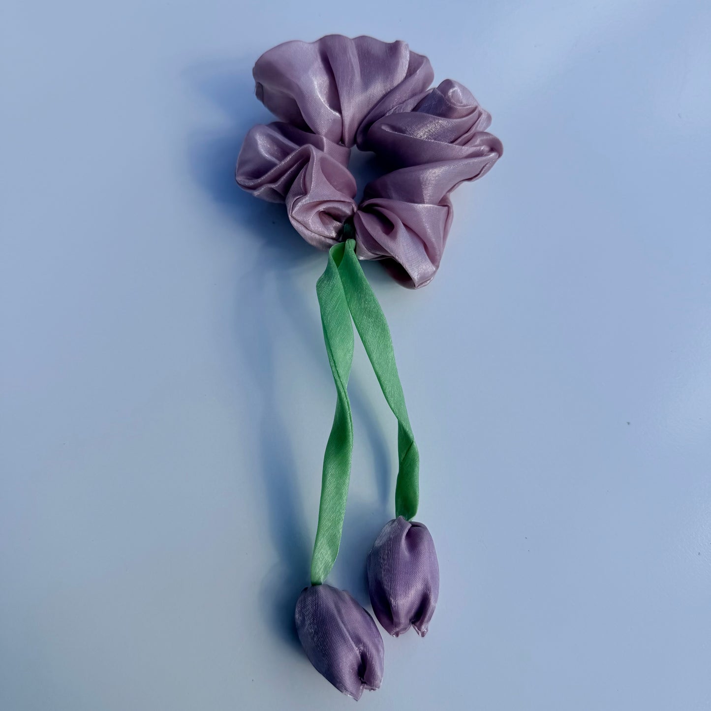 Organza Floral Scrunchie with Satin Tulip Tails | Handmade Hair Accessory