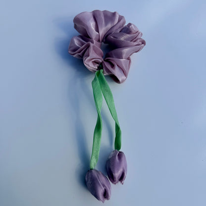 Organza Floral Scrunchie with Satin Tulip Tails | Handmade Hair Accessory
