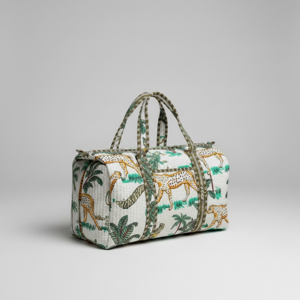 Handmade Quilted Indian Block Print Duffel Bag | Cotton Weekender Travel Bag | Safari Print