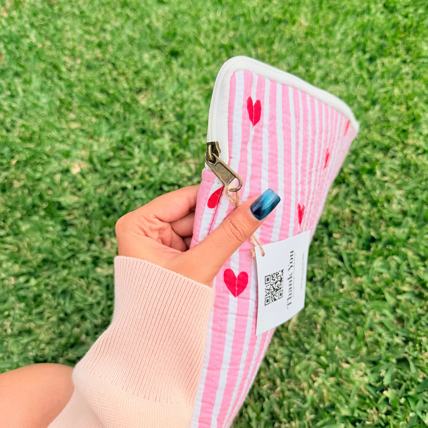 Sweetheart Quilted Laptop Sleeve | Pink Heart Cotton Laptop Case | Handmade Laptop Cover 15 Inch