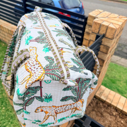 Handmade Quilted Indian Block Print Duffel Bag | Cotton Weekender Travel Bag | Safari Print