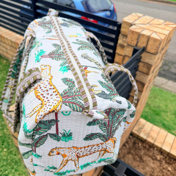 Handmade Quilted Indian Block Print Duffel Bag | Cotton Weekender Travel Bag | Safari Print