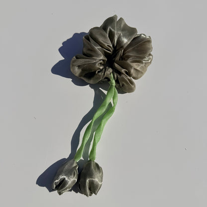 Organza Floral Scrunchie with Satin Tulip Tails | Handmade Hair Accessory