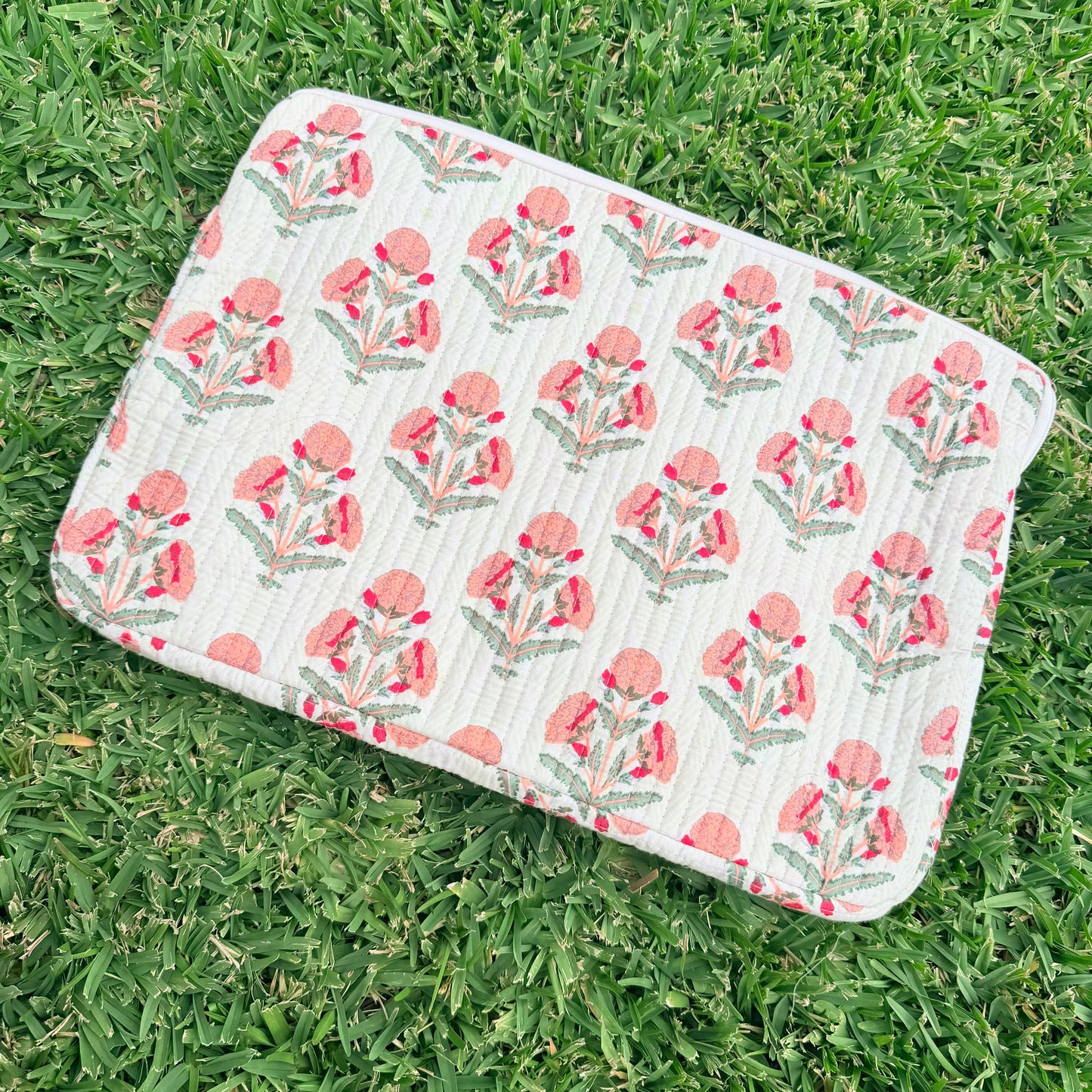Blush Bloom Quilted Laptop Sleeve | Handmade Floral Cotton Laptop Case | 15 Inch Laptop Cover