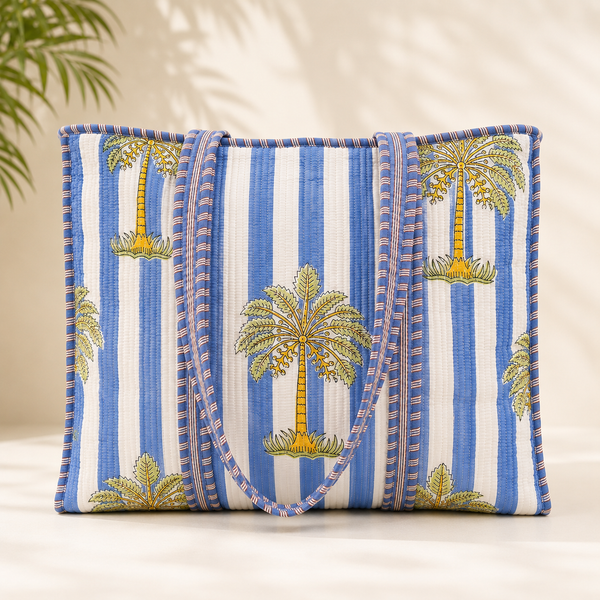Coastal Palm Handmade Quilted Tote Bag | Blue Cotton Shopper Bag | Indian Block Print