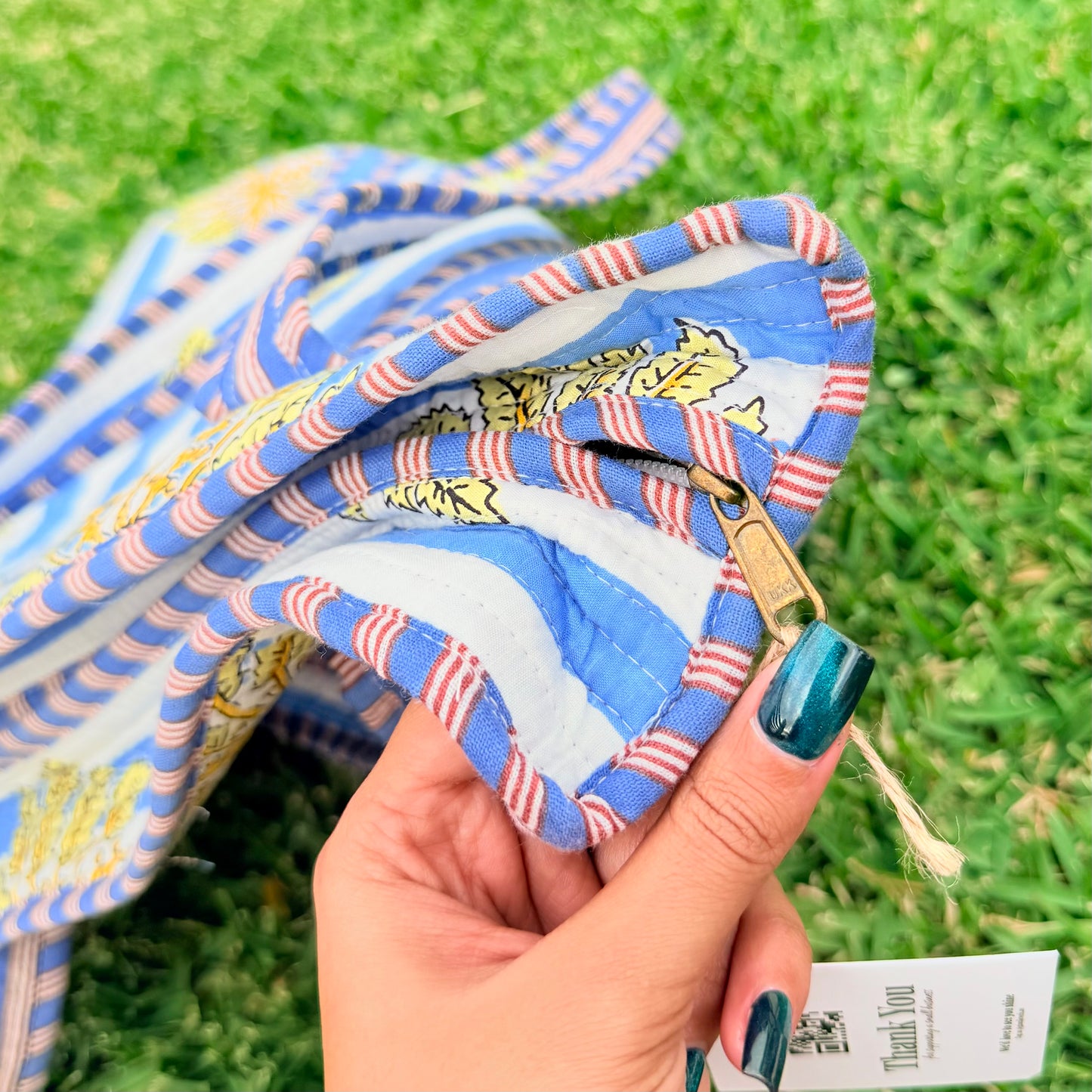 Coastal Palm Handmade Quilted Tote Bag | Blue Cotton Shopper Bag | Indian Block Print