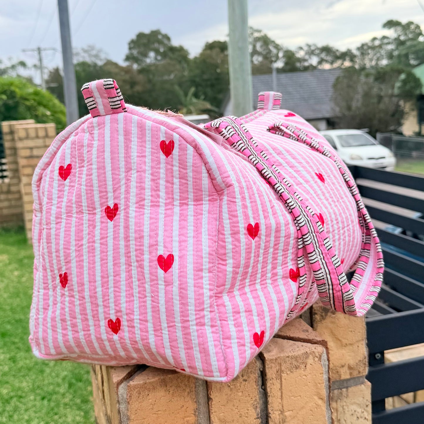 Pink Hearts Handmade Quilted Duffel Bag | Cotton Weekender Travel Bag | Indian Block Print