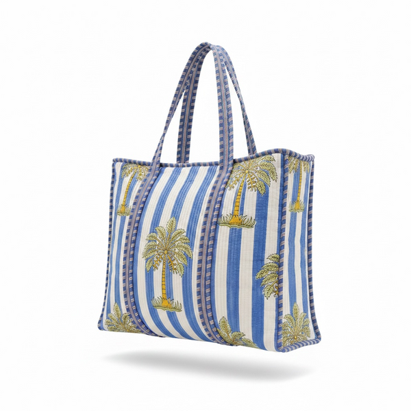 Coastal Palm Handmade Quilted Tote Bag | Blue Cotton Shopper Bag | Indian Block Print