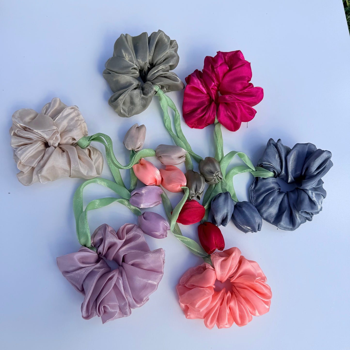 Organza Floral Scrunchie with Satin Tulip Tails | Handmade Hair Accessory