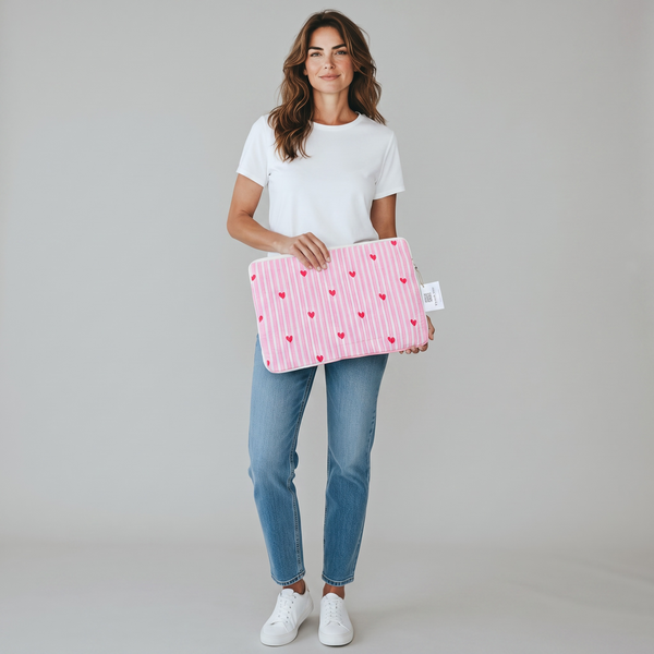 Sweetheart Quilted Laptop Sleeve | Pink Heart Cotton Laptop Case | Handmade Laptop Cover 15 Inch