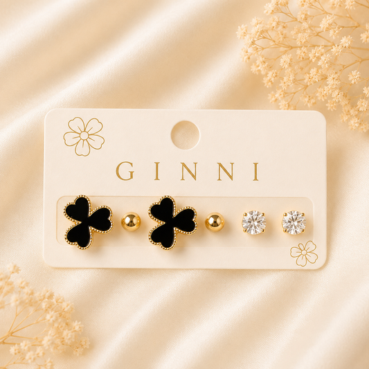 3 Pair Clover & Crystal Stud Earring Set