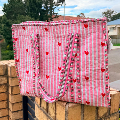 Sweetheart Handmade Quilted Tote Bag | Pink Heart Cotton Shopper Bag | Everyday Tote