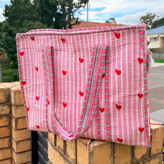 Sweetheart Handmade Quilted Tote Bag | Pink Heart Cotton Shopper Bag | Everyday Tote