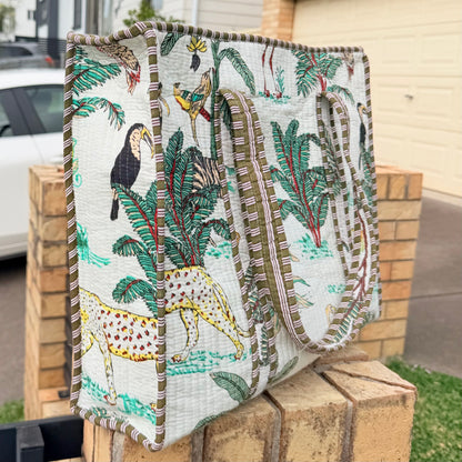 Safari Luxe Handmade Quilted Tote Bag | Large Cotton Shopper Bag | Indian Block Print