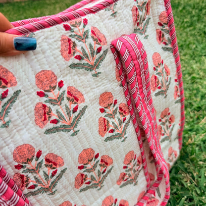 Blush Bloom Handmade Quilted Tote Bag | Floral Cotton Shopper Bag | Indian Block Print