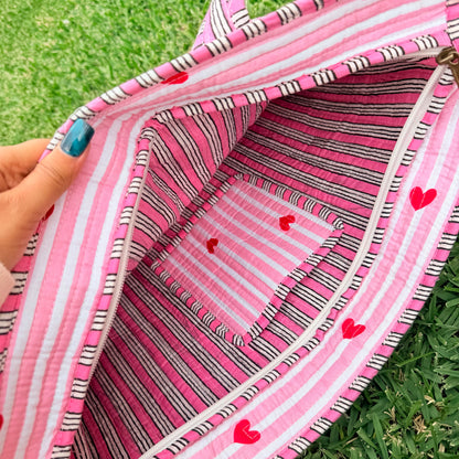 Sweetheart Handmade Quilted Tote Bag | Pink Heart Cotton Shopper Bag | Everyday Tote