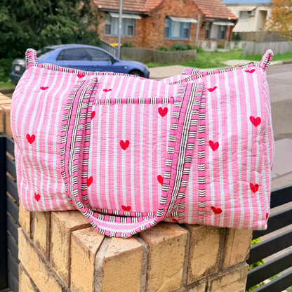 Pink Hearts Handmade Quilted Duffel Bag | Cotton Weekender Travel Bag | Indian Block Print
